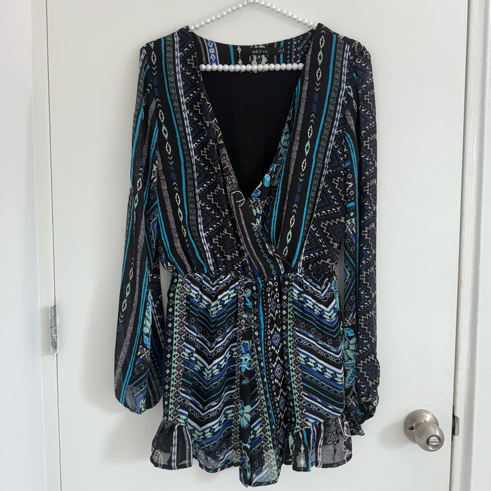 ARK & Co Printed Boho Peplum romper – Blue/Black – Long Sleeve